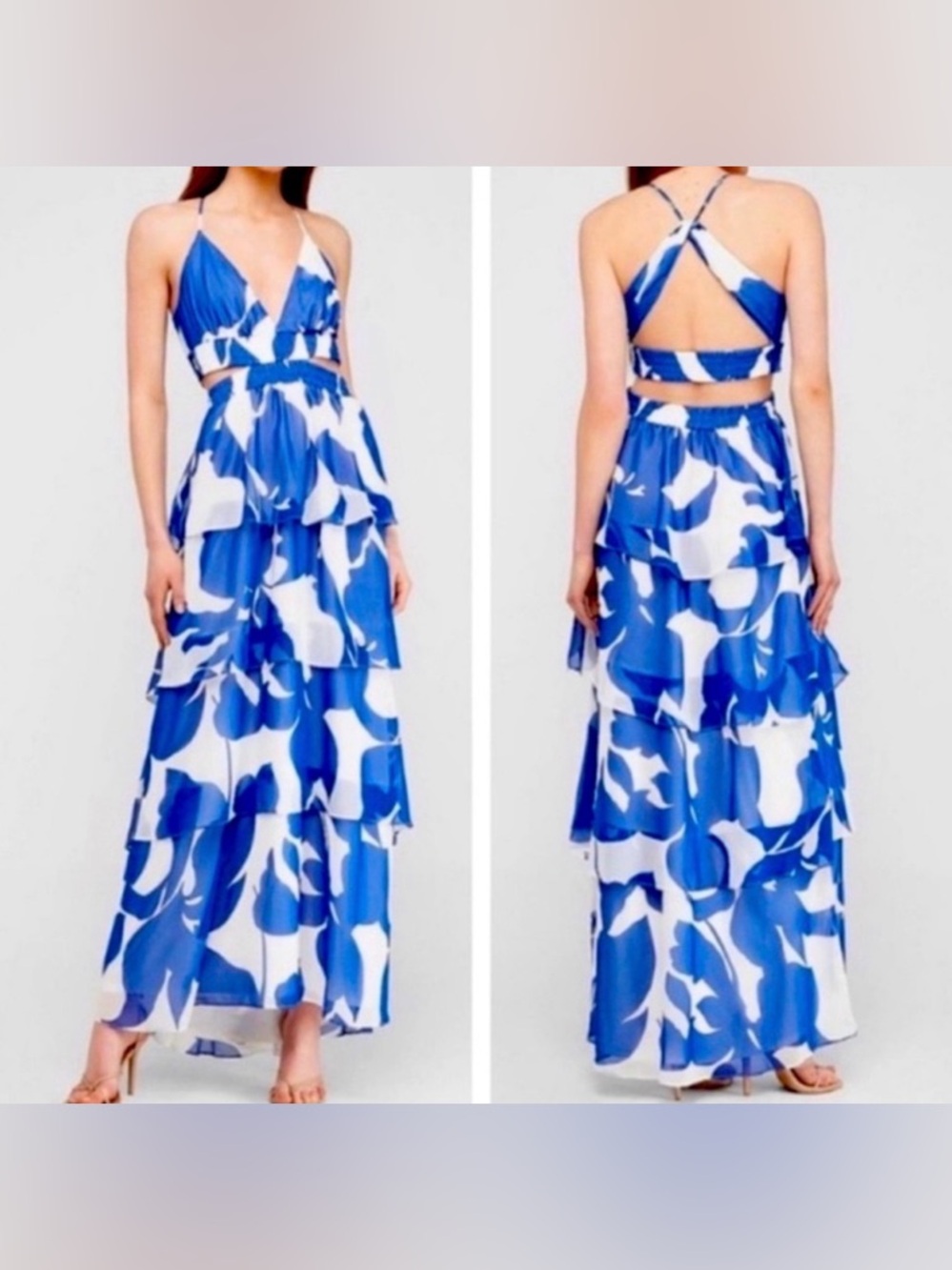 Express Blue & White Tiered Maxi Dress with Crisscross Back
